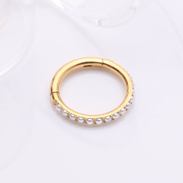 Detail View 1 of Implant Grade Titanium Golden Pearlescent Beads Lined Clicker Hoop Ring-White
